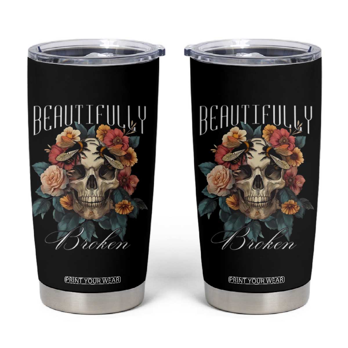 Botanical Skull Tumbler Cup Beautifully Broken Cottagecore TS02 Black Print Your Wear