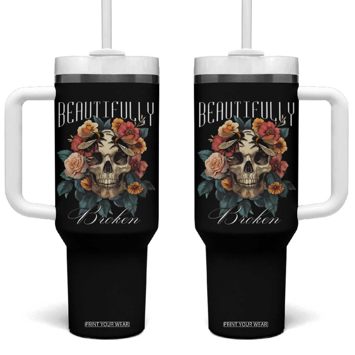 Botanical Skull Tumbler With Handle Beautifully Broken Cottagecore TS02 One Size: 40 oz Black Print Your Wear