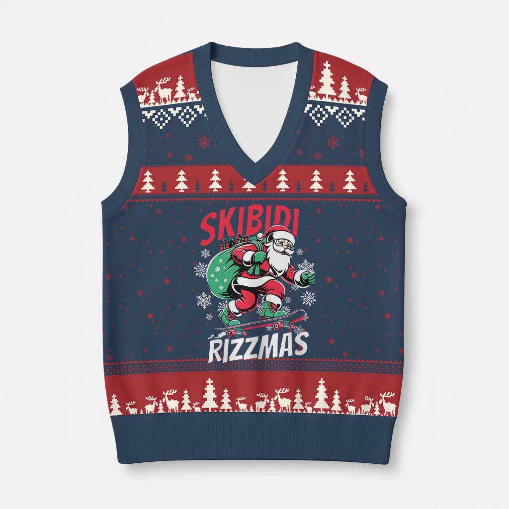 Funny Santa Rizz Xmas V-Neck Knit Sweater Vest Retro Skibidi Rizzmas Claus Skating Board Xmas TS02 Navy Red Print Your Wear