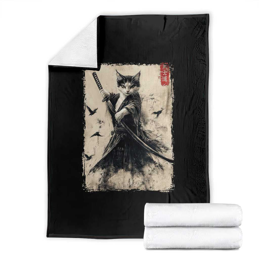 Samurai Cat Graphic Throw Blanket Warrior Vintage Japanese Art Anime TS02 Black Print Your Wear