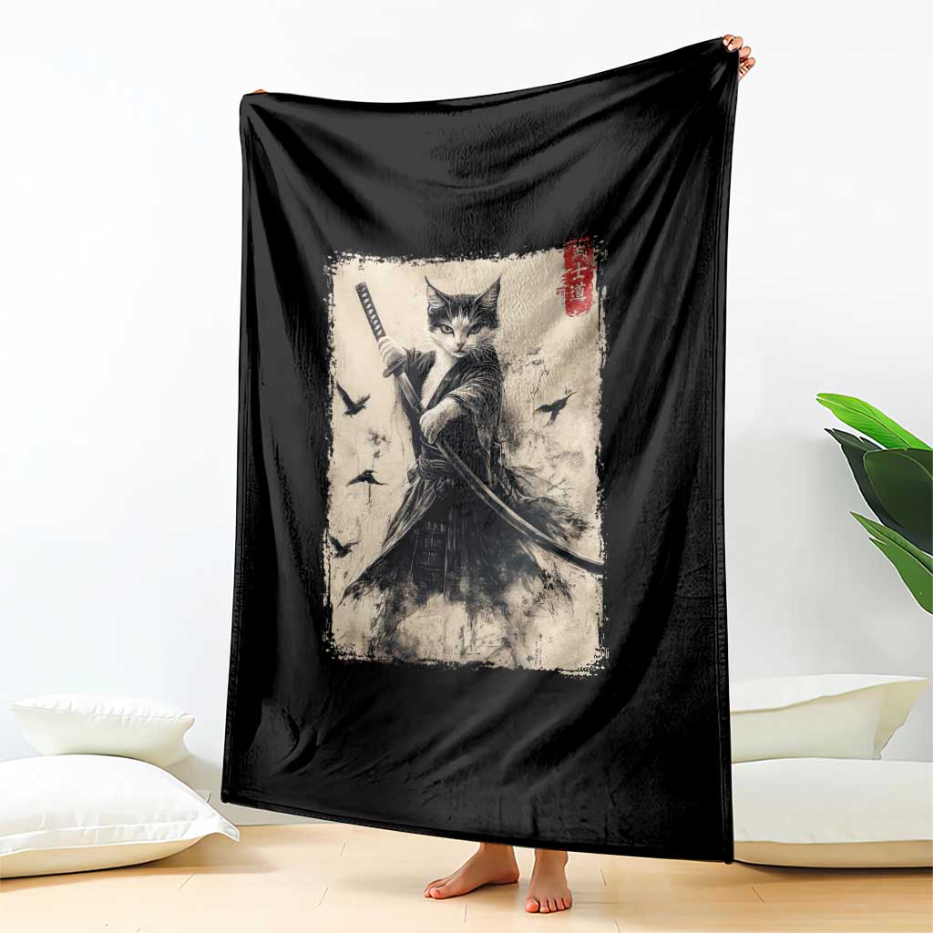 Samurai Cat Graphic Throw Blanket Warrior Vintage Japanese Art Anime TS02 Print Your Wear