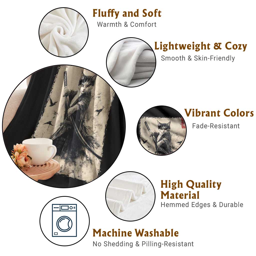 Samurai Cat Graphic Throw Blanket Warrior Vintage Japanese Art Anime TS02 Print Your Wear