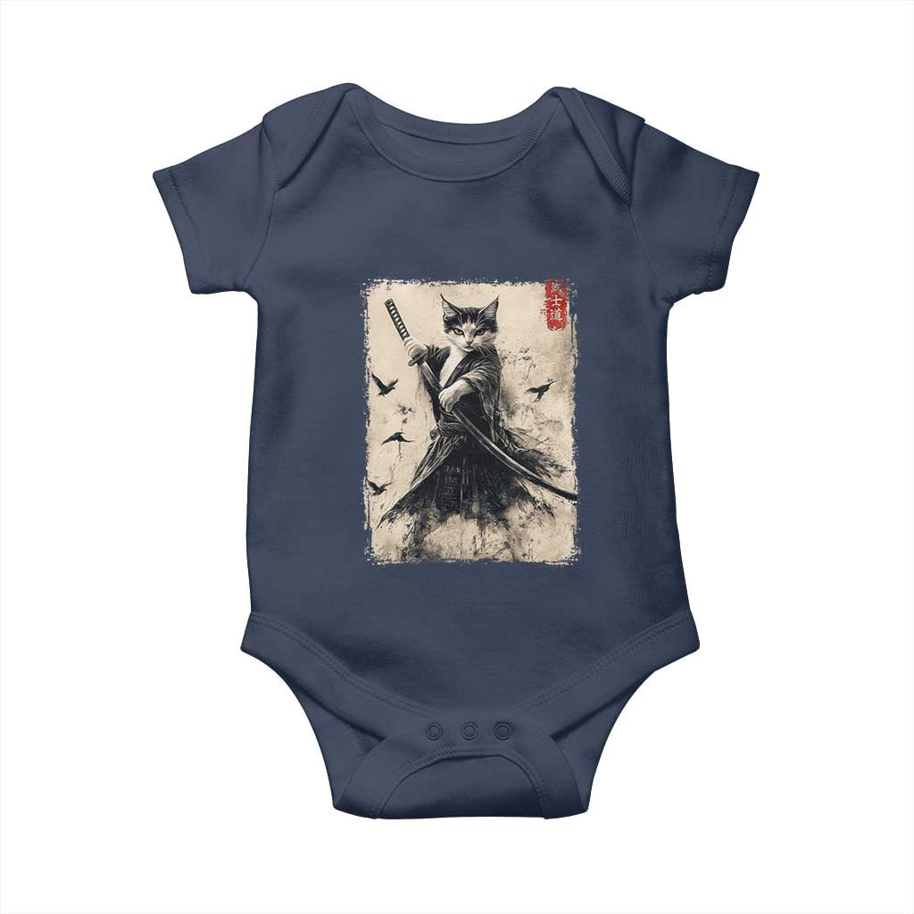 Samurai Cat Graphic Baby Onesie Warrior Vintage Japanese Art Anime TS02 Navy Print Your Wear