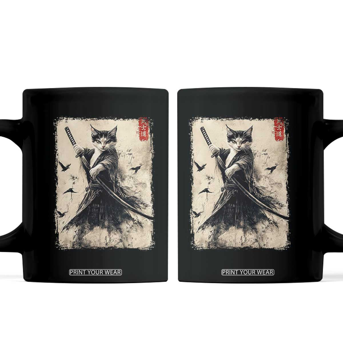 Samurai Cat Graphic Coffee Mug Warrior Vintage Japanese Art Anime TS02 Black Print Your Wear