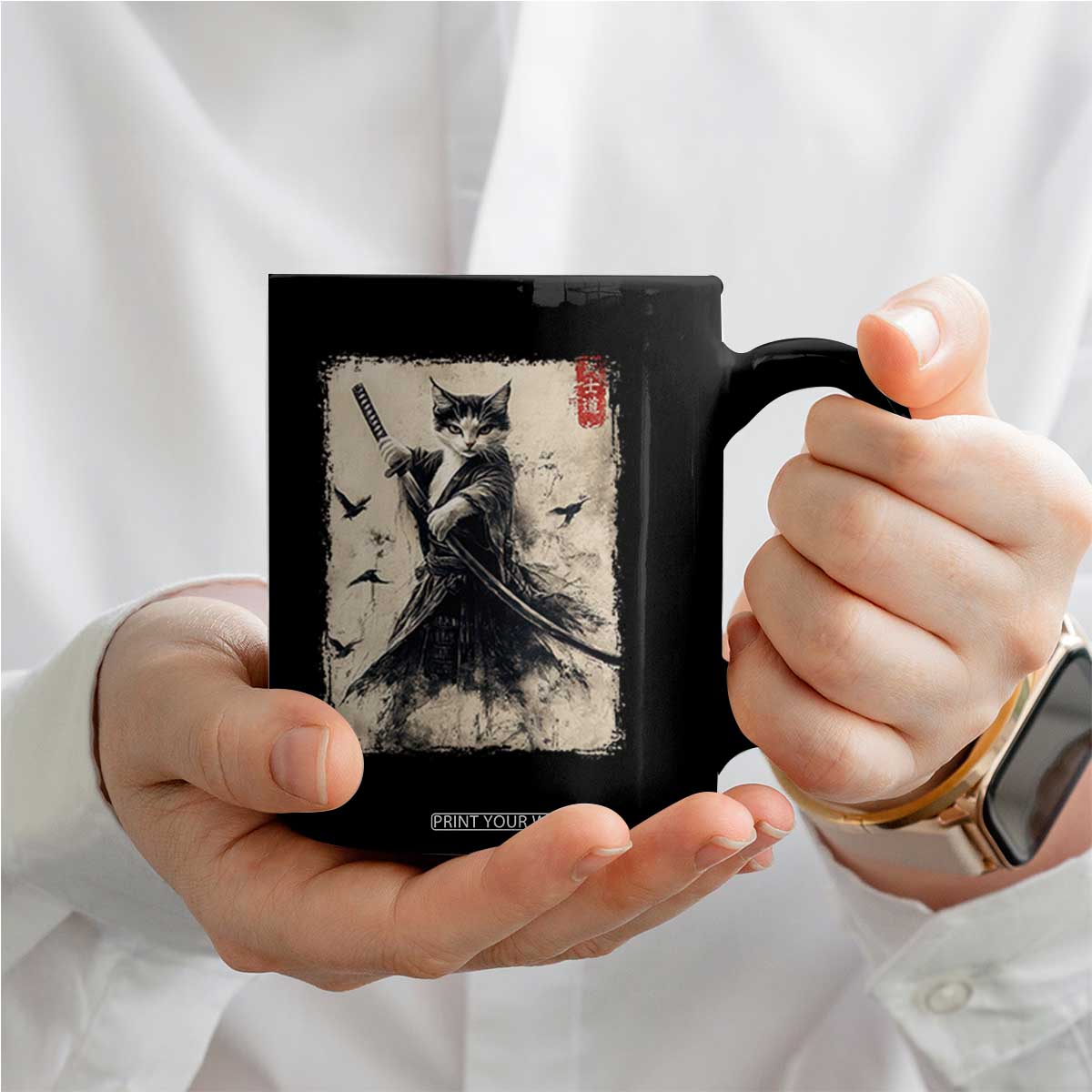 Samurai Cat Graphic Coffee Mug Warrior Vintage Japanese Art Anime TS02 Print Your Wear