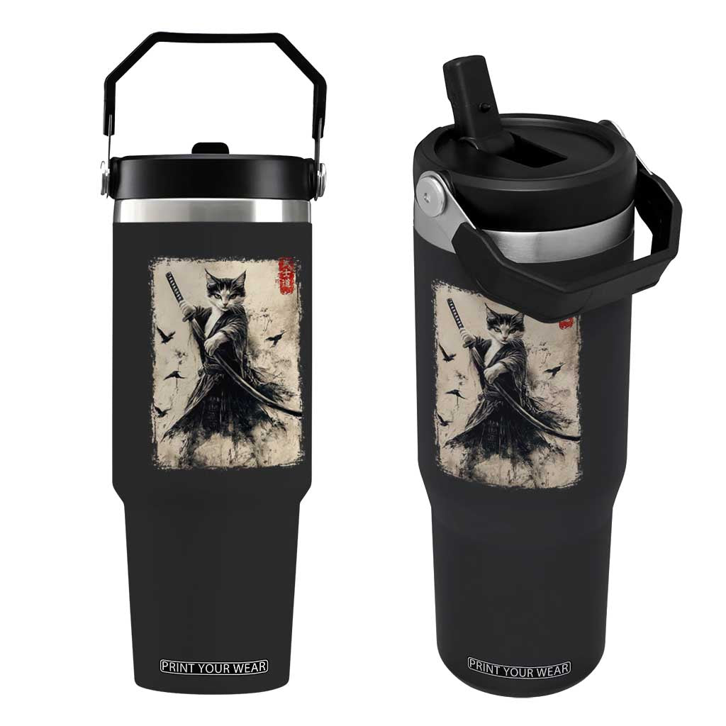 Samurai Cat Graphic Flip Straw Tumbler Warrior Vintage Japanese Art Anime TS02 One Size: 30 oz Black Print Your Wear