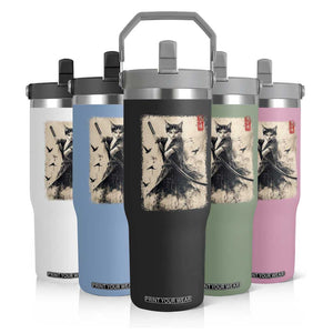 Samurai Cat Graphic Flip Straw Tumbler Warrior Vintage Japanese Art Anime TS02 Print Your Wear