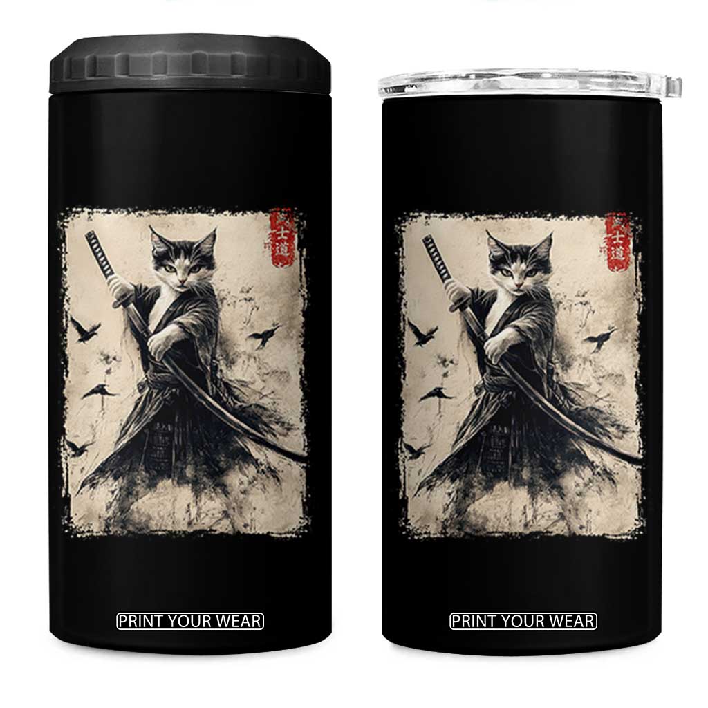 Samurai Cat Graphic 4 in 1 Can Cooler Tumbler Warrior Vintage Japanese Art Anime TS02 One Size: 16 oz Black Print Your Wear