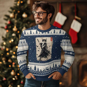 Samurai Cat Graphic Ugly Christmas Sweater Warrior Vintage Japanese Art Anime TS02 Navy Beige Print Your Wear