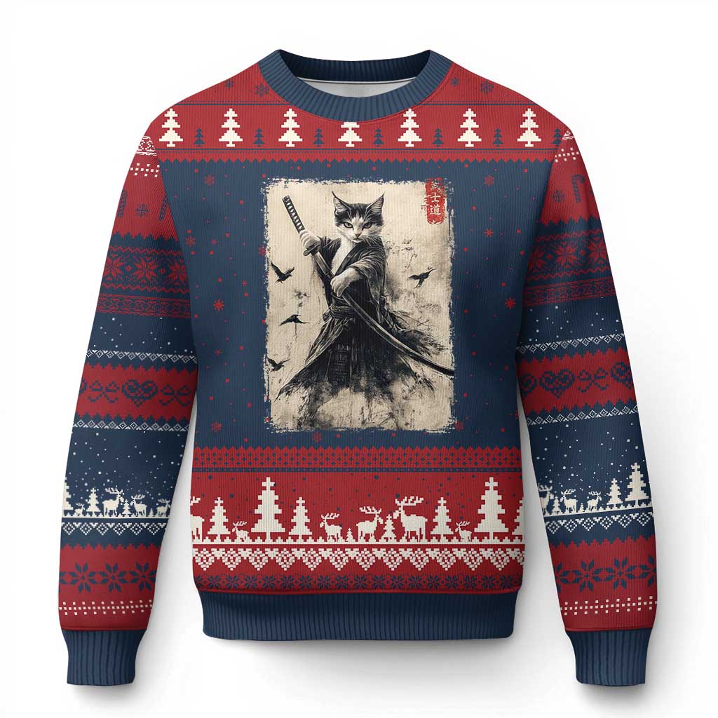 Samurai Cat Graphic Ugly Christmas Sweater Warrior Vintage Japanese Art Anime TS02 Navy Red Print Your Wear