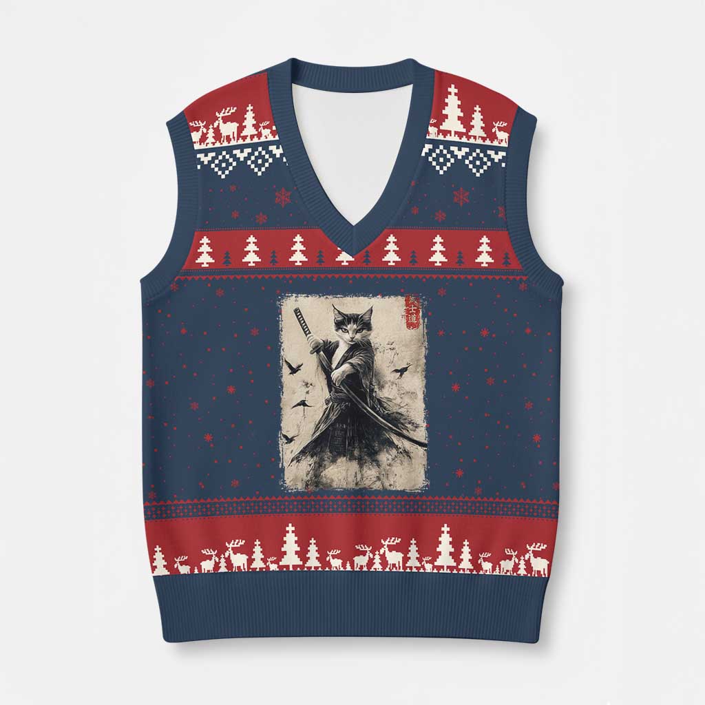 Samurai Cat Graphic V-Neck Knit Sweater Vest Warrior Vintage Japanese Art Anime TS02 Navy Red Print Your Wear