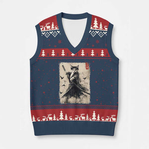 Samurai Cat Graphic V-Neck Knit Sweater Vest Warrior Vintage Japanese Art Anime TS02 Navy Red Print Your Wear