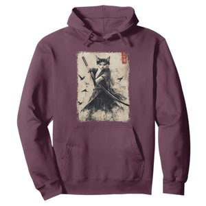 Samurai Cat Graphic Hoodie Warrior Vintage Japanese Art Anime TS02 Maroon Print Your Wear