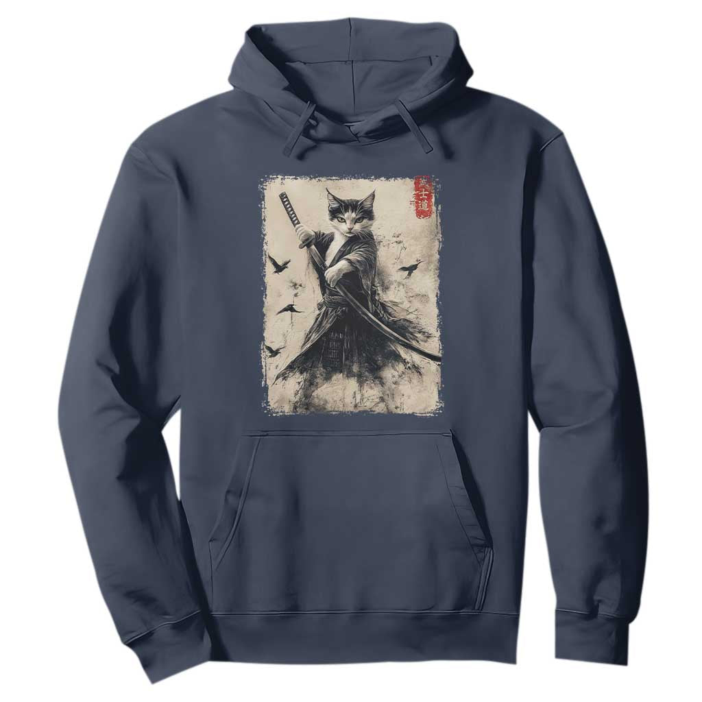 Samurai Cat Graphic Hoodie Warrior Vintage Japanese Art Anime TS02 Navy Print Your Wear