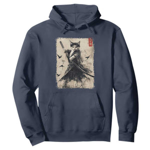 Samurai Cat Graphic Hoodie Warrior Vintage Japanese Art Anime TS02 Navy Print Your Wear