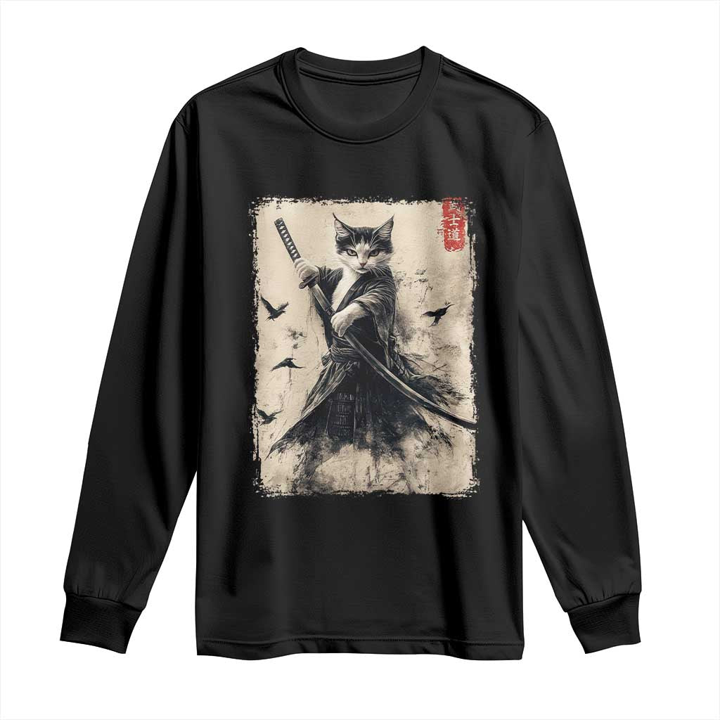 Samurai Cat Graphic Long Sleeve Shirt Warrior Vintage Japanese Art Anime TS02 Black Print Your Wear