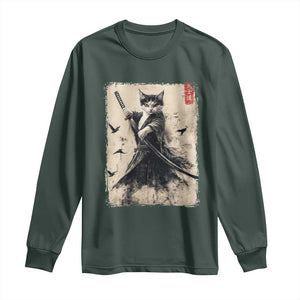 Samurai Cat Graphic Long Sleeve Shirt Warrior Vintage Japanese Art Anime TS02 Dark Forest Green Print Your Wear
