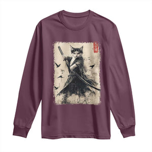 Samurai Cat Graphic Long Sleeve Shirt Warrior Vintage Japanese Art Anime TS02 Maroon Print Your Wear