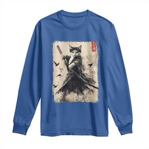 Samurai Cat Graphic Long Sleeve Shirt Warrior Vintage Japanese Art Anime TS02 Royal Blue Print Your Wear