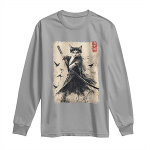 Samurai Cat Graphic Long Sleeve Shirt Warrior Vintage Japanese Art Anime TS02 Sport Gray Print Your Wear