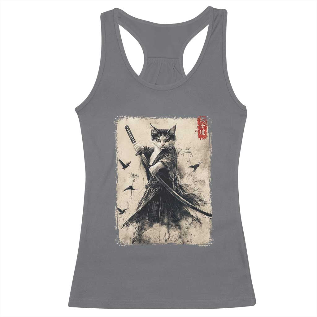 Samurai Cat Graphic Racerback Tank Top Warrior Vintage Japanese Art Anime TS02 Charcoal Print Your Wear
