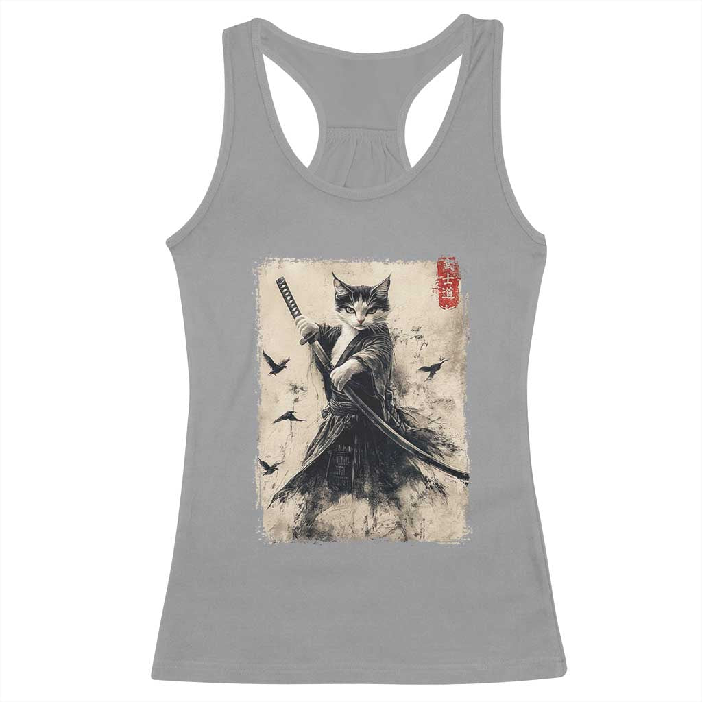 Samurai Cat Graphic Racerback Tank Top Warrior Vintage Japanese Art Anime TS02 Sport Gray Print Your Wear