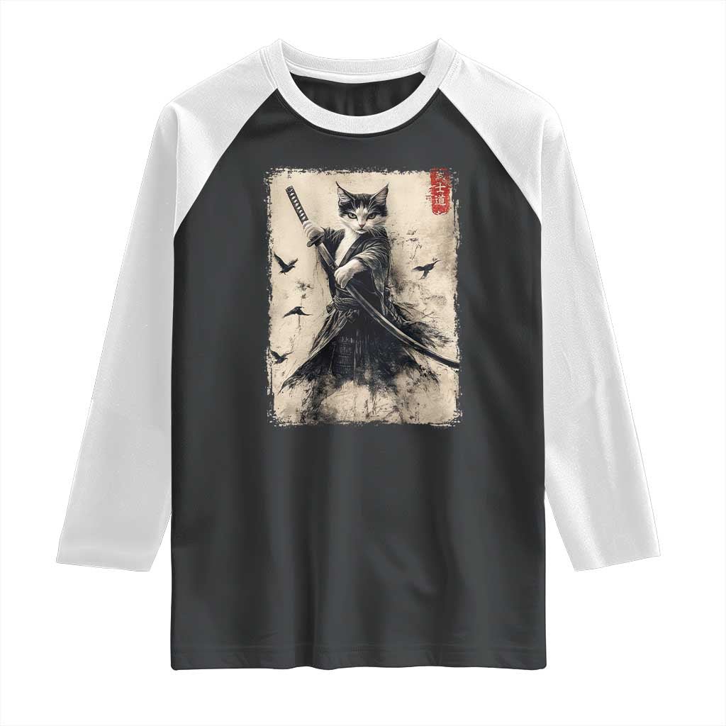 Samurai Cat Graphic Raglan Shirt Warrior Vintage Japanese Art Anime TS02 Black White Print Your Wear