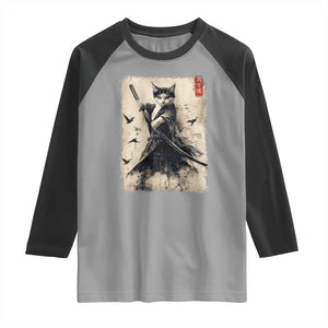 Samurai Cat Graphic Raglan Shirt Warrior Vintage Japanese Art Anime TS02 Sport Gray Black Print Your Wear