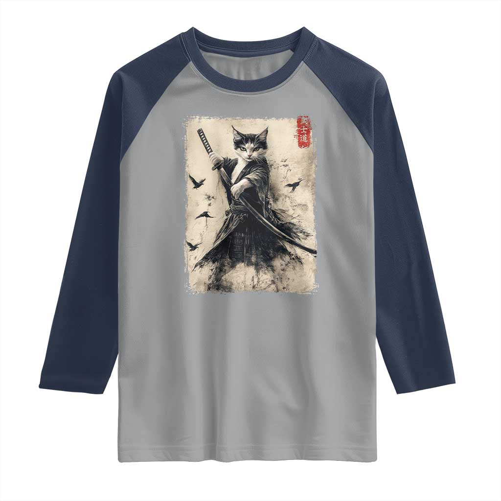 Samurai Cat Graphic Raglan Shirt Warrior Vintage Japanese Art Anime TS02 Sport Gray Navy Print Your Wear