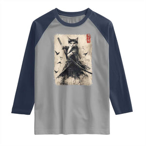 Samurai Cat Graphic Raglan Shirt Warrior Vintage Japanese Art Anime TS02 Sport Gray Navy Print Your Wear