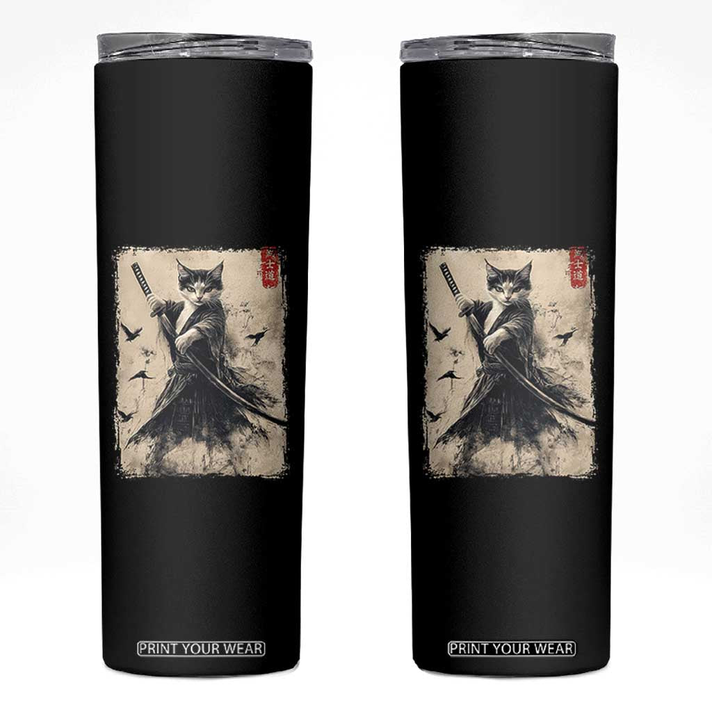 Samurai Cat Graphic Skinny Tumbler Warrior Vintage Japanese Art Anime TS02 Black Print Your Wear