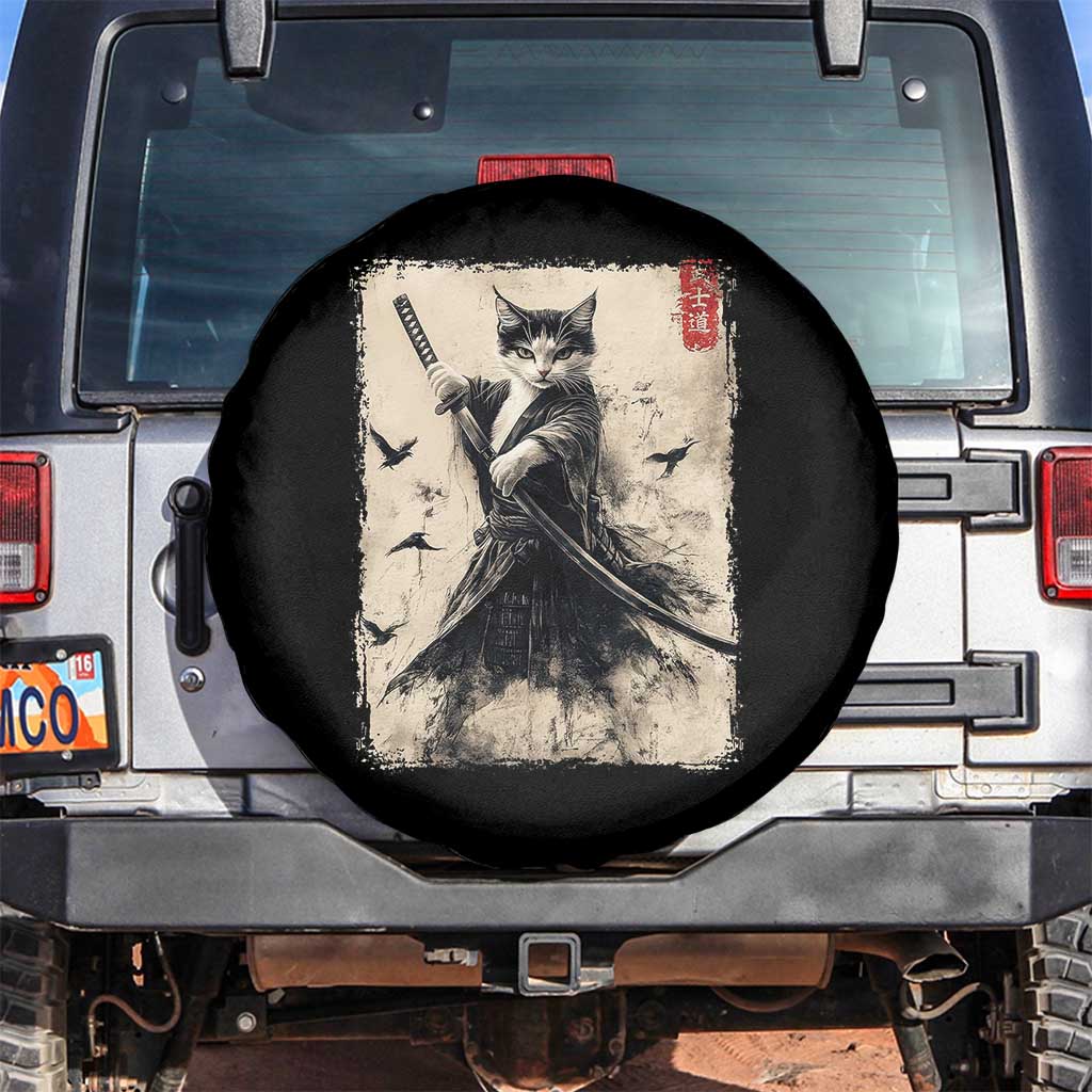 Samurai Cat Graphic Spare Tire Cover Warrior Vintage Japanese Art Anime TS02 No hole Black Print Your Wear