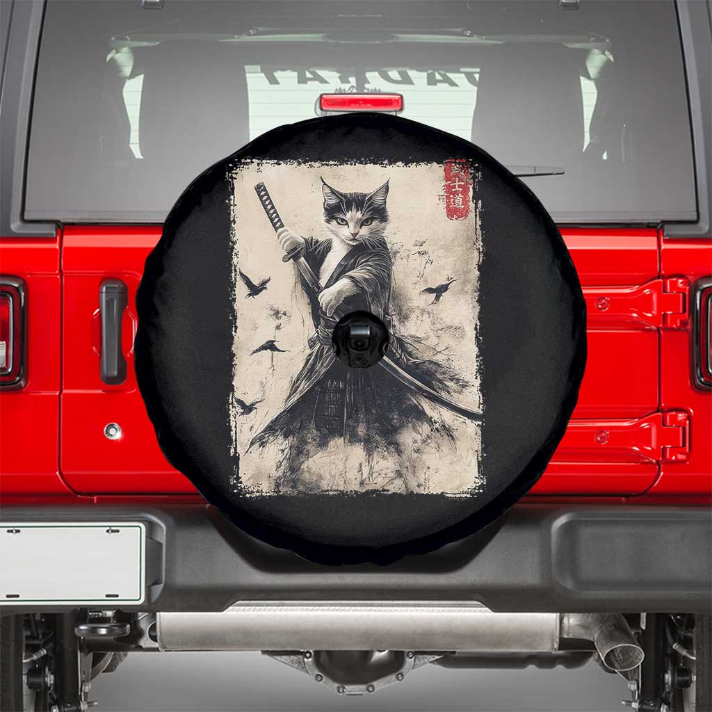 Samurai Cat Graphic Spare Tire Cover Warrior Vintage Japanese Art Anime TS02 Black Print Your Wear