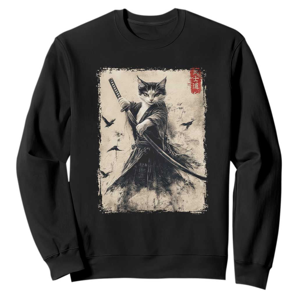 Samurai Cat Graphic Sweatshirt Warrior Vintage Japanese Art Anime TS02 Black Print Your Wear