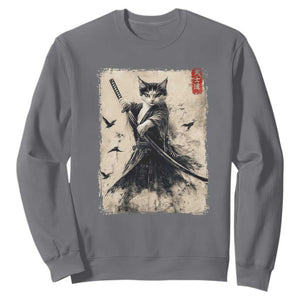 Samurai Cat Graphic Sweatshirt Warrior Vintage Japanese Art Anime TS02 Charcoal Print Your Wear