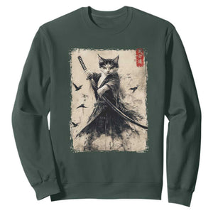 Samurai Cat Graphic Sweatshirt Warrior Vintage Japanese Art Anime TS02 Dark Forest Green Print Your Wear