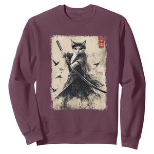 Samurai Cat Graphic Sweatshirt Warrior Vintage Japanese Art Anime TS02 Maroon Print Your Wear