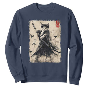 Samurai Cat Graphic Sweatshirt Warrior Vintage Japanese Art Anime TS02 Navy Print Your Wear
