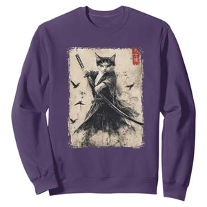 Samurai Cat Graphic Sweatshirt Warrior Vintage Japanese Art Anime TS02 Purple Print Your Wear