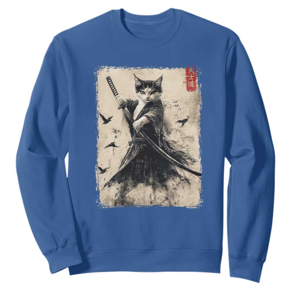 Samurai Cat Graphic Sweatshirt Warrior Vintage Japanese Art Anime TS02 Royal Blue Print Your Wear