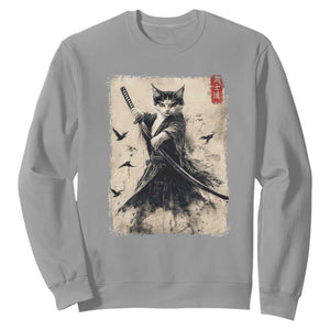 Samurai Cat Graphic Sweatshirt Warrior Vintage Japanese Art Anime TS02 Sport Gray Print Your Wear