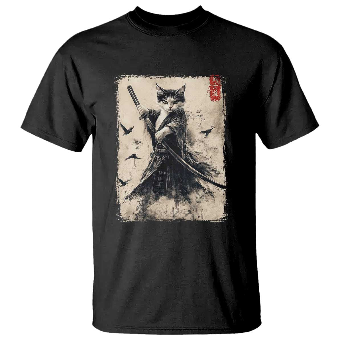 Samurai Cat Graphic T Shirt Warrior Vintage Japanese Art Anime TS02 Black Print Your Wear