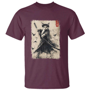 Samurai Cat Graphic T Shirt Warrior Vintage Japanese Art Anime TS02 Maroon Print Your Wear