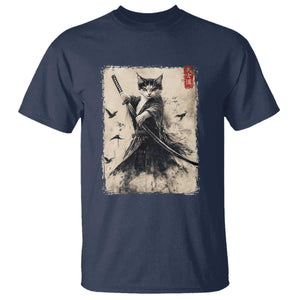 Samurai Cat Graphic T Shirt Warrior Vintage Japanese Art Anime TS02 Navy Print Your Wear