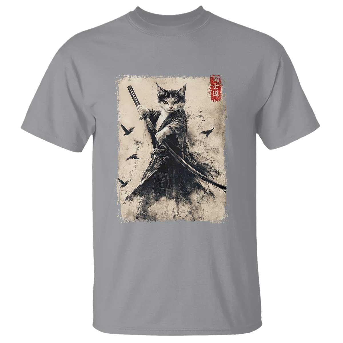 Samurai Cat Graphic T Shirt Warrior Vintage Japanese Art Anime TS02 Sport Gray Print Your Wear