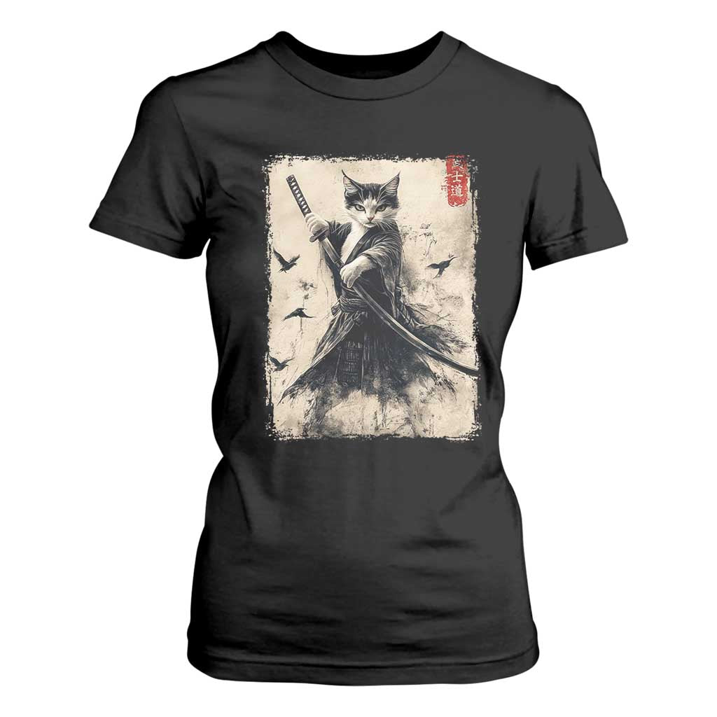 Samurai Cat Graphic T Shirt For Women Warrior Vintage Japanese Art Anime TS02 Black Print Your Wear