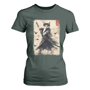 Samurai Cat Graphic T Shirt For Women Warrior Vintage Japanese Art Anime TS02 Dark Forest Green Print Your Wear