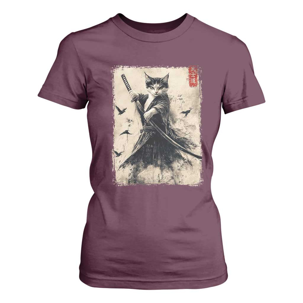 Samurai Cat Graphic T Shirt For Women Warrior Vintage Japanese Art Anime TS02 Maroon Print Your Wear