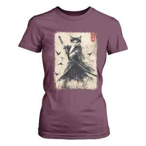 Samurai Cat Graphic T Shirt For Women Warrior Vintage Japanese Art Anime TS02 Maroon Print Your Wear