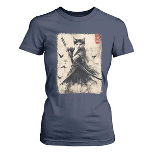Samurai Cat Graphic T Shirt For Women Warrior Vintage Japanese Art Anime TS02 Navy Print Your Wear